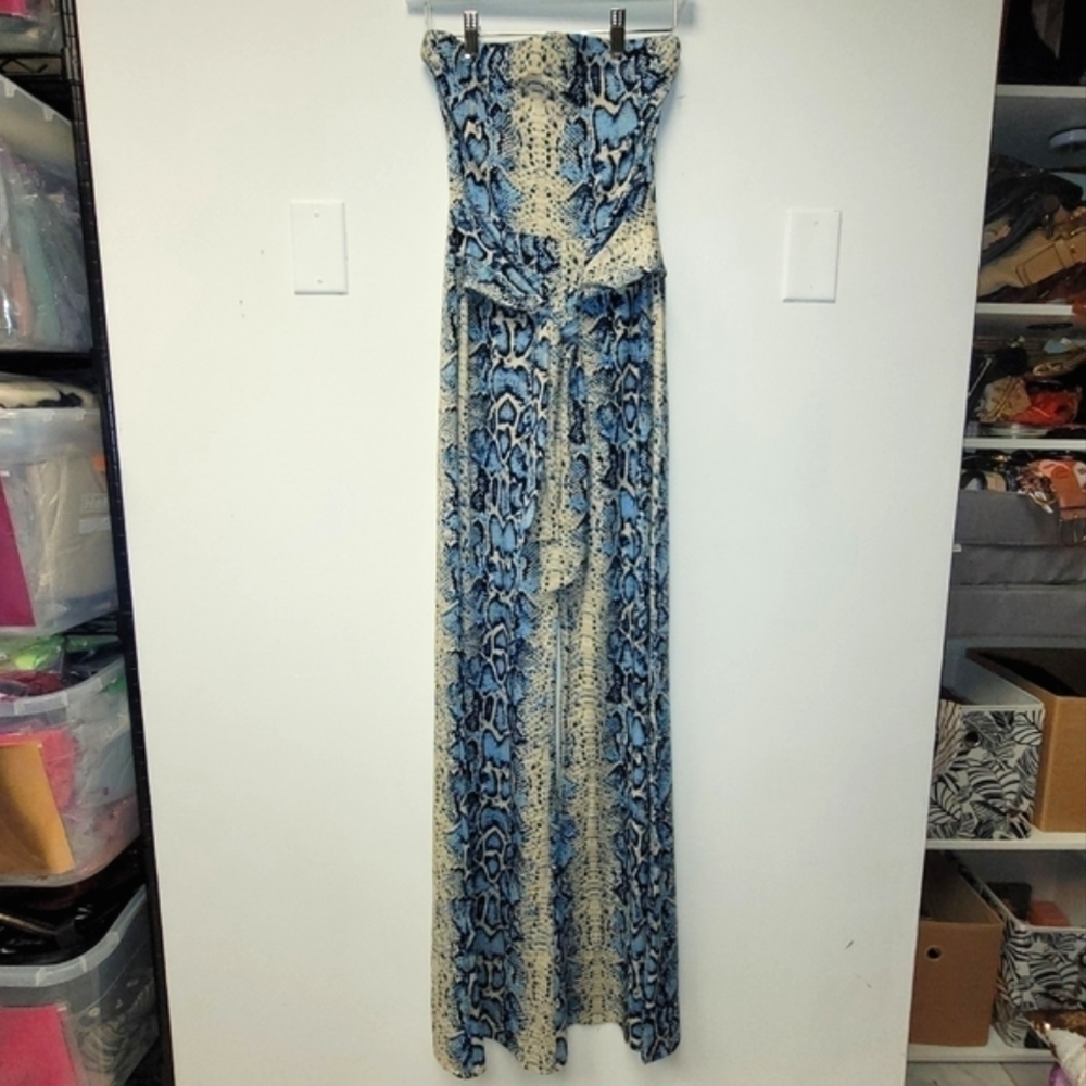 Boutique Strapless Blue Snakeskin Front-Tie Wide Leg Jumpsuit Size M. - Picture 3 of 15